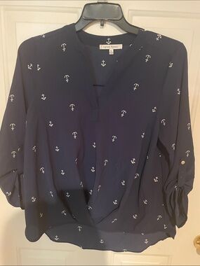 Lynn Ryan Navy Anchor-Print Split-Neck Blouse